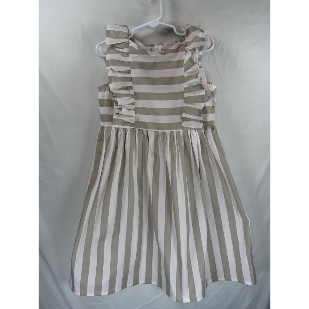 ATUN Girls Gray & White Striped Ruffle Cotton Dress Size 7-8Y NWT